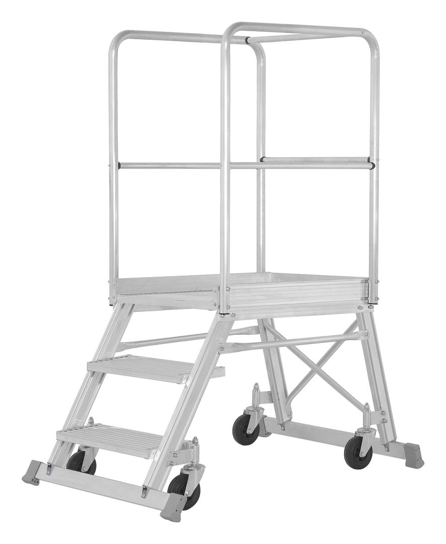 Fahrbare Podestleiter - einseitig begehbar - 3 Stufen - Höhe 1.760 mm - Podesttreppe - Rollpodest - Plattformleiter - Hymer