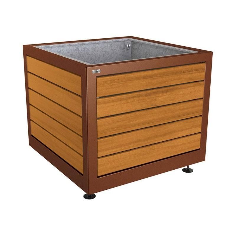 Pflanzbehälter, Stahl und Holz, verstellbare Füße, Innenverkleidung feuerverzinkt, 800 x 1.000 x 1.000 mm (HxBxT), Farbe enzianblau