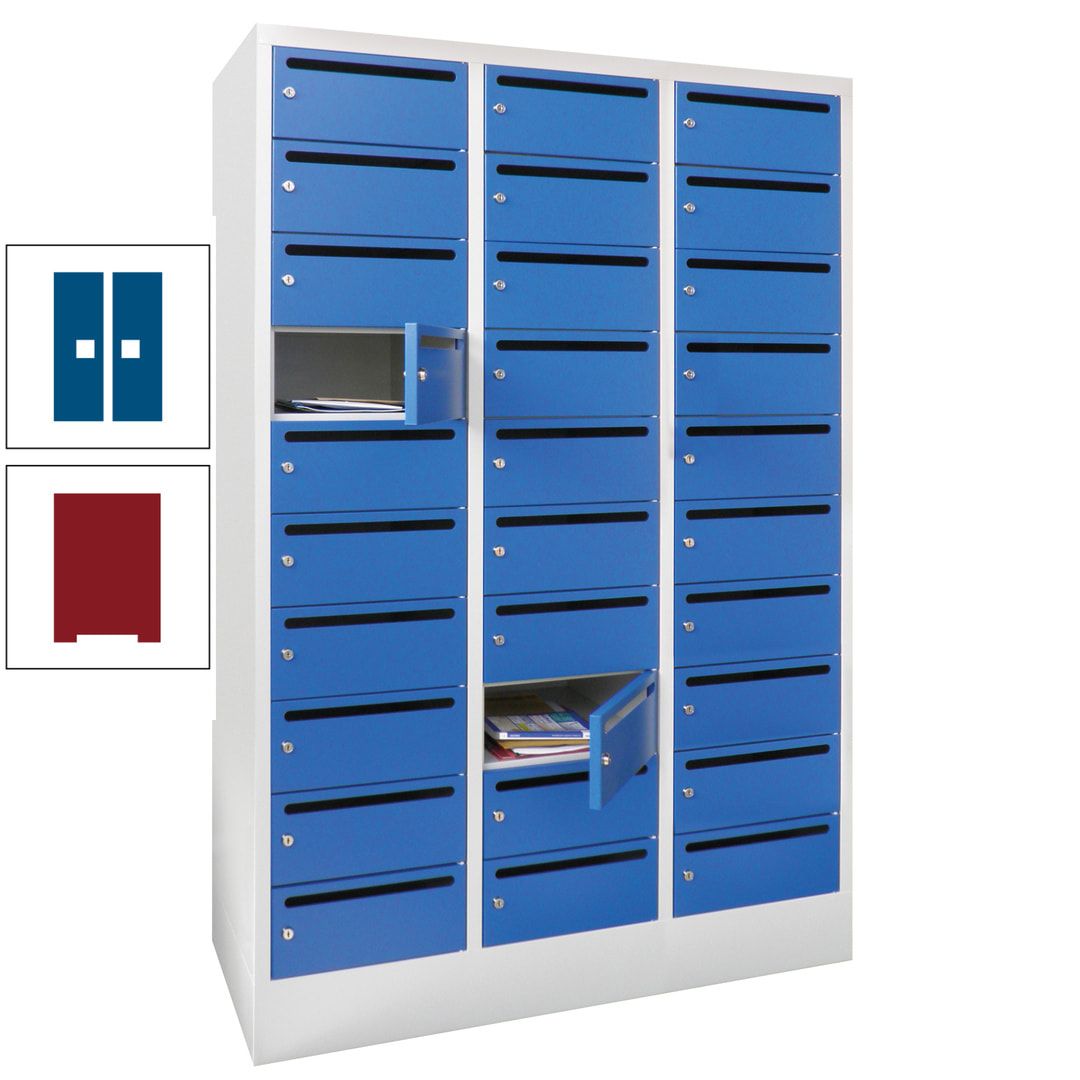 Postverteilerschrank, Schließfachschrank, 3 Abteile a 300 mm, 30 Fächer, 1.850 x 900 x 500 mm (HxBxT), Korpus anthrazitgrau, Front anthrazitgrau