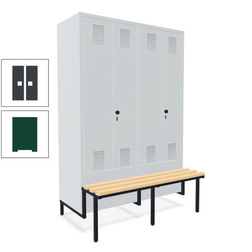 Doppel-Spind, Garderobenschrank, Buche Sitzbank integriert, 4 Abteile 300 mm, Korpus anthrazitgrau, Tür anthrazitgrau, 1.850 x 1.200 x 815 mm (HxBxT)