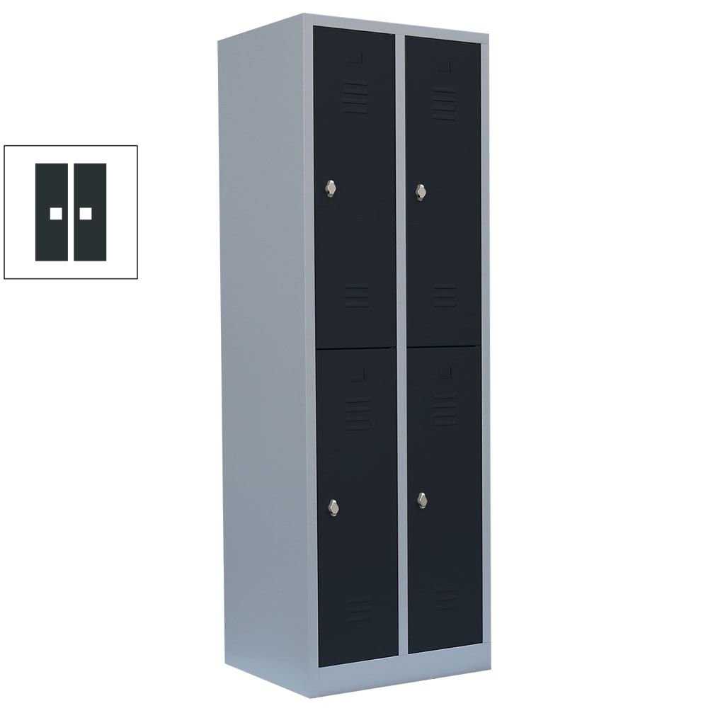Garderobenschrank, Doppelstockspind, 2 Abteile, 4 Fächer, 1.950 x 600 x 500 mm (HxBxT), Stahl, Drehriegel, Korpus: lichtgrau, Front: anthrazitgrau