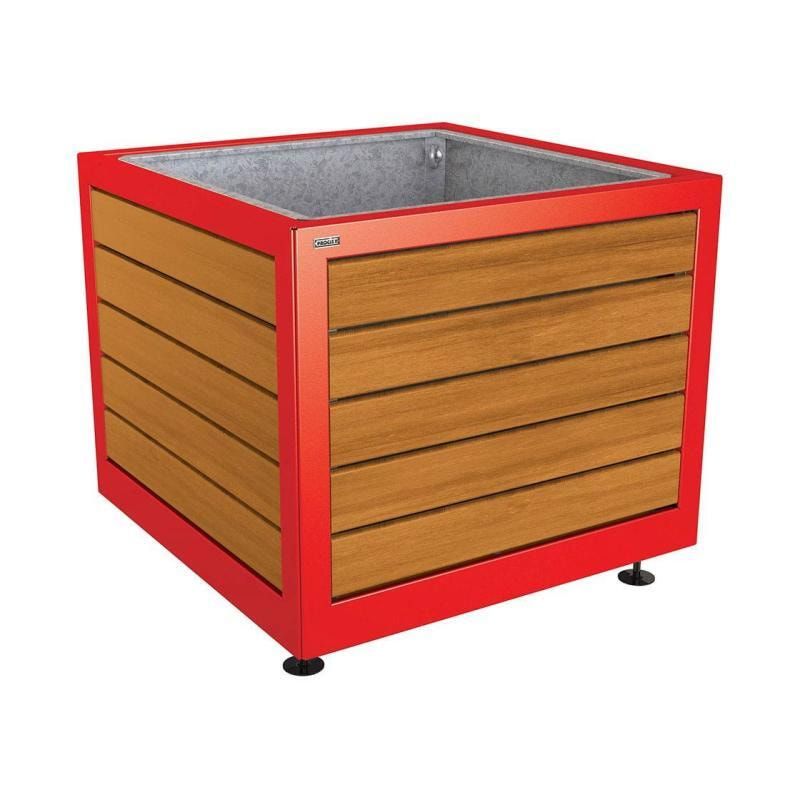 Pflanzbehälter, Stahl und Holz, verstellbare Füße, Innenverkleidung feuerverzinkt, 800 x 1.000 x 1.000 mm (HxBxT), Farbe enzianblau