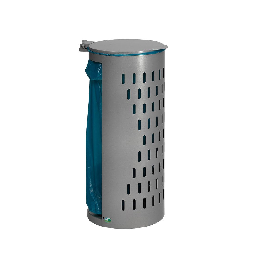 Müllsackhalter - mit Klapptür - gelochter Korpus - rund - Volumen 80 l - 850 x 380 x 440 mm (HxBxT) - Antik silber