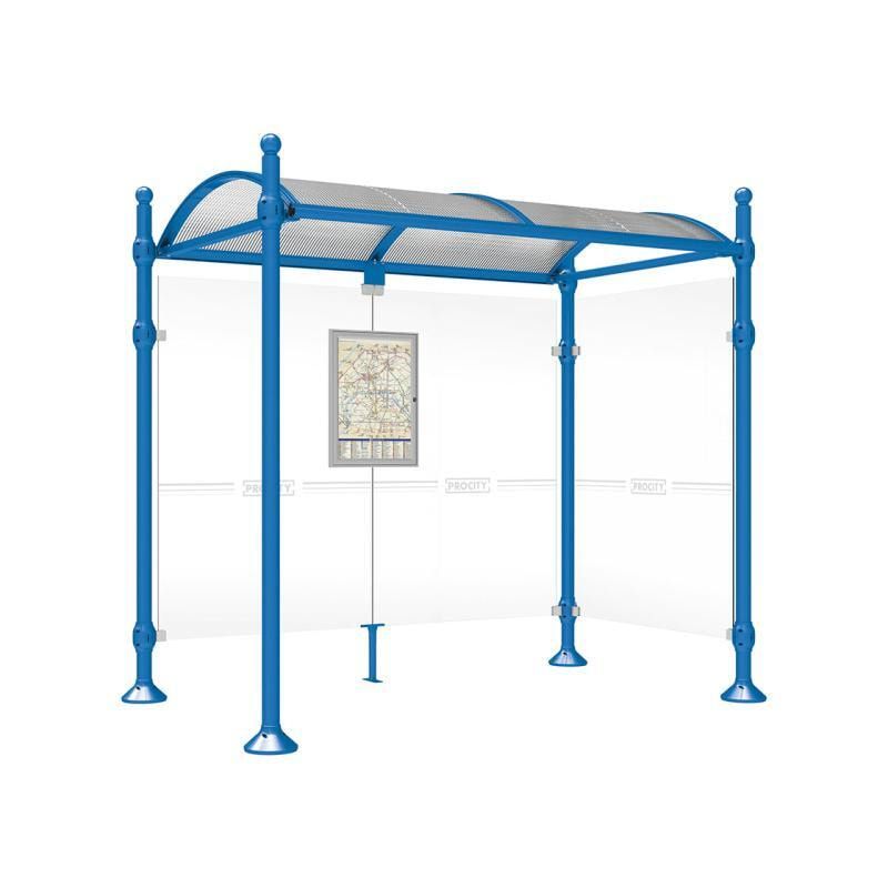 Buswartehalle, Unterstand, 2 Seitenwände, Kopf gebürsteter Edelstahl, ESG, Fahrplanschaukasten, 2.500 x 2.500 x 1.600 mm (HxBxT), Farbe enzianblau