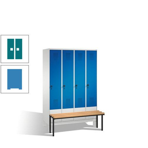 Stahl-Garderobenschrank, Spind, Buche Sitzbank vorgebaut, 4 Abteile a 300 mm, Korpus Lichtgrün, Tür Schwefelgelb, 1.850 x 1.200 x 815 mm (HxBxT)