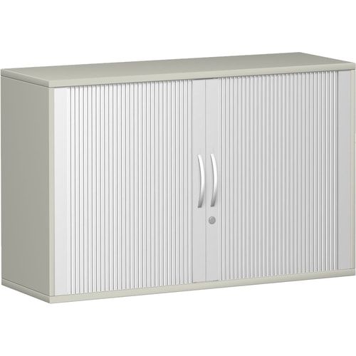 Querrollladenschrank, Dekoreinlageboden, Metallsockel/Standfüße, abschließbar, 768 x 1.000 x 425 mm (HxBxT), Korpusfarbe Ahorn, Frontfarbe silber