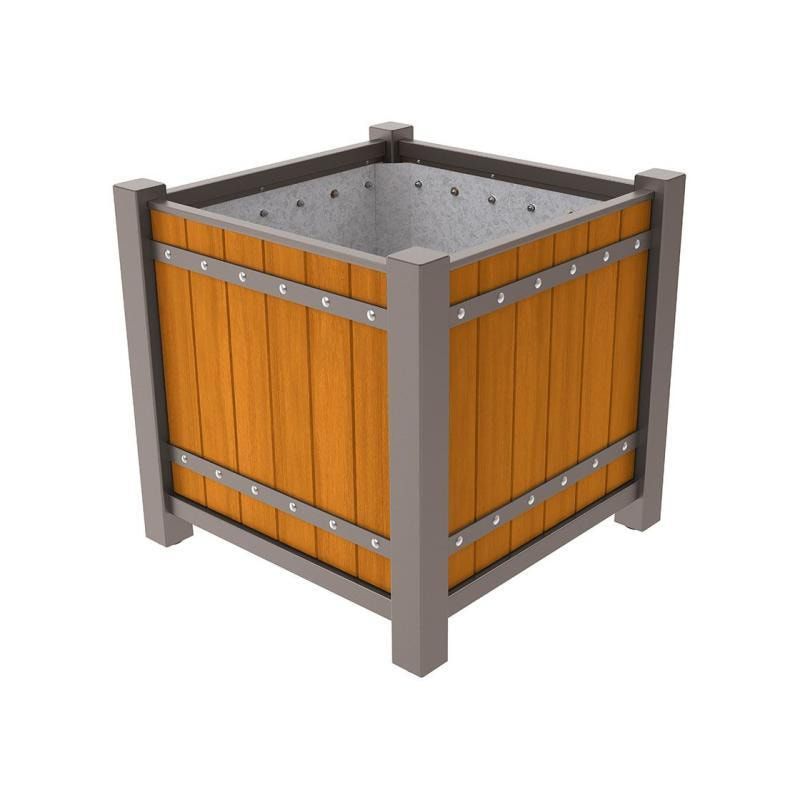 Pflanzbehälter, Pflanzgefäß, verzinkt, Eichenholzverkleidung, innen feuerverzinkt mit Verladungsgriffen, 960 x 1.060 x 1.060 mm (HxBxT), enzianblau
