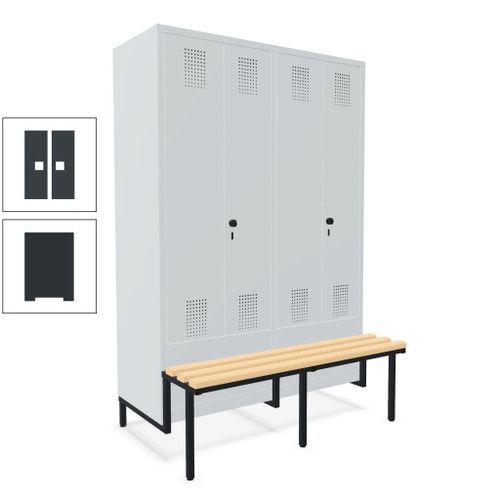 Doppel-Spind, Garderobenschrank, Buche Sitzbank integriert, 4 Abteile 300 mm, Korpus anthrazitgrau, Tür anthrazitgrau, 1.850 x 1.200 x 815 mm (HxBxT)