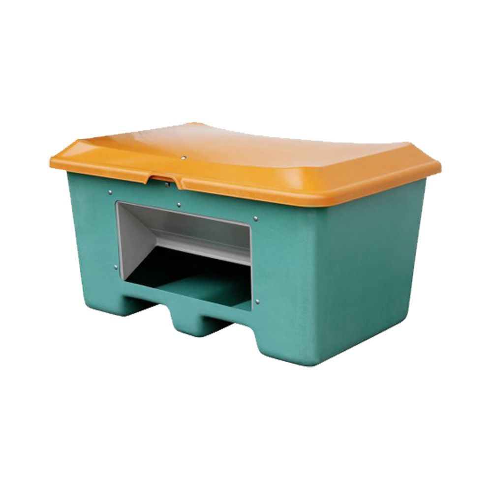 Streugutbehälter für Streusalz, Futtermittel, Entnahmeöffnung und Staplersockel, 400 l Volumen, 680 x 1.210 x 820 mm (HxBxT), grau/orange, aus GFK