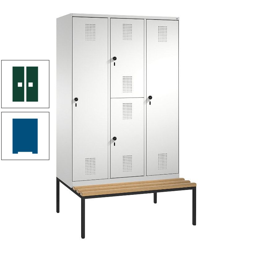 Garderobenschrank, Spind ein- und doppelstöckig Sitzbank, 3 Abteile, 4 Fächer, 2.090x1.200x500 mm (HxBxT), Front anthrazitgrau, Korpus anthrazitgrau
