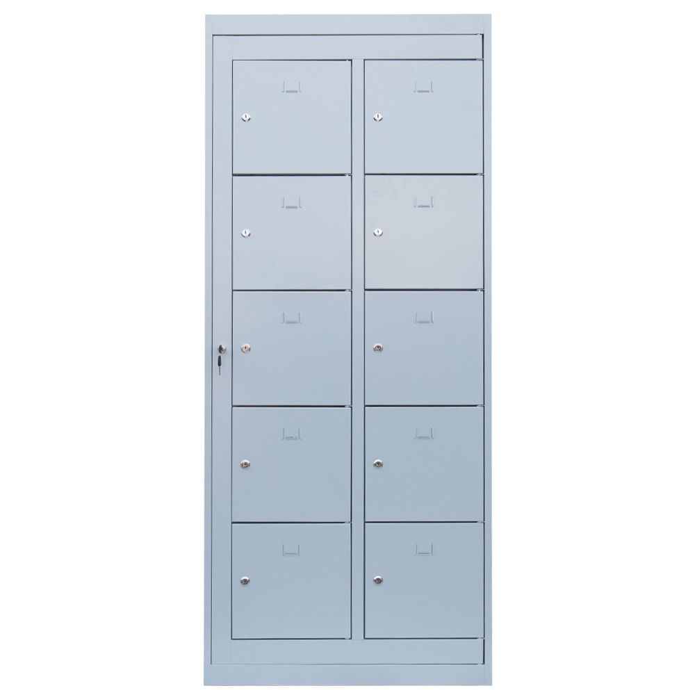 Verteilerschrank, Ausgabeschrank, Fächerschrank, Zentraltür, 2 Abteile, 10 Fächer, 1.800 x 740 x 500 mm (HxBxT), Korpus lichtgrau, Front enzianblau