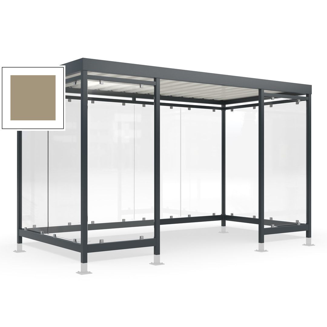 Raucherunterstand für 12-13 Personen, Bushaltestelle, mit Überpflasterung, 2.440 x 4.195 x 2.165 mm (HxBxT), 10 Wände, Achatgrau