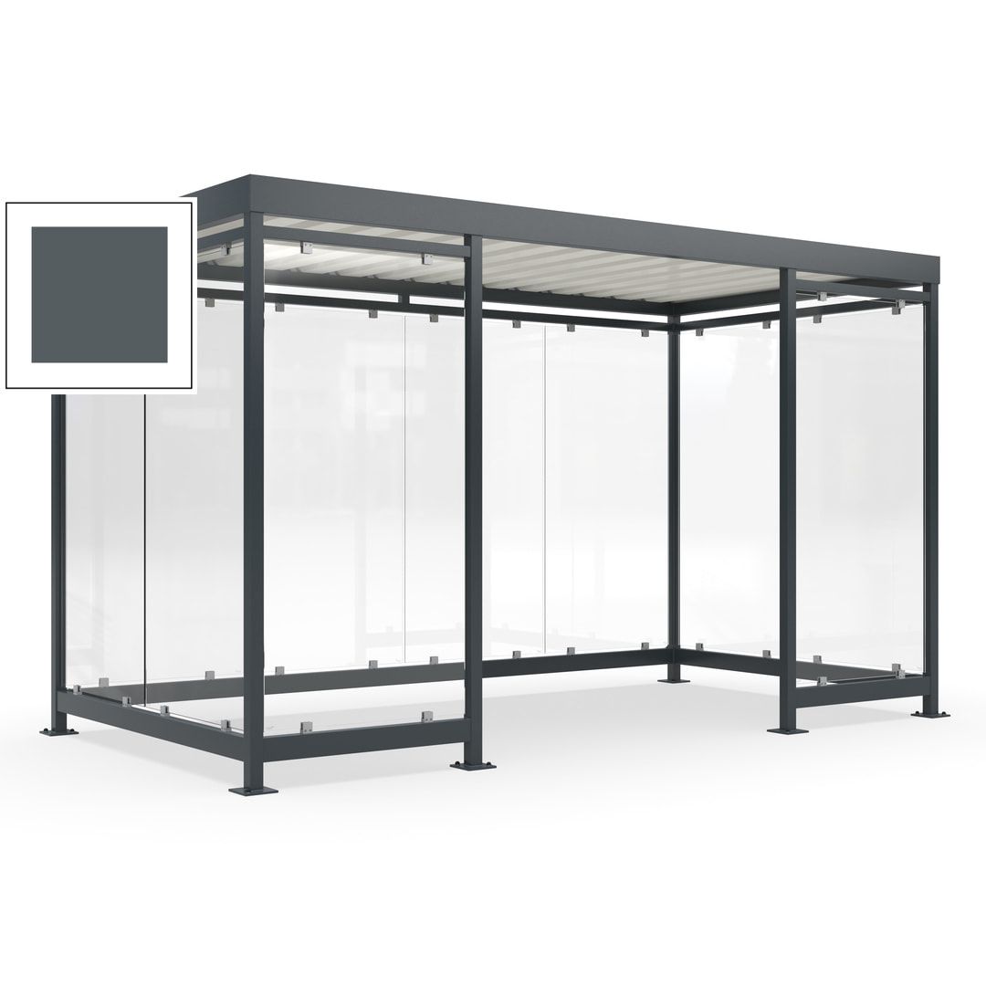 Fahrgastunterstand, Raucherunterstand, fertig montiert, Aufdübeln, 12-13 Personen, 2.510 x 4.195 x 2.165 mm (HxBxT), 10 Wände, Achatgrau