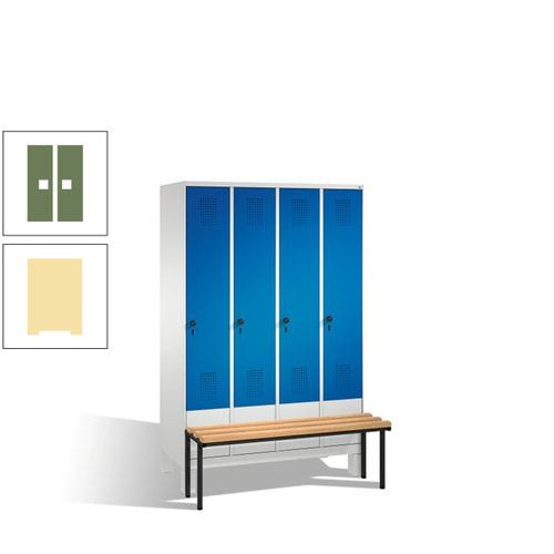Stahl-Garderobenschrank, Spind, Buche Sitzbank vorgebaut, 4 Abteile a 300 mm, Korpus Lichtgrün, Tür Schwefelgelb, 1.850 x 1.200 x 815 mm (HxBxT)