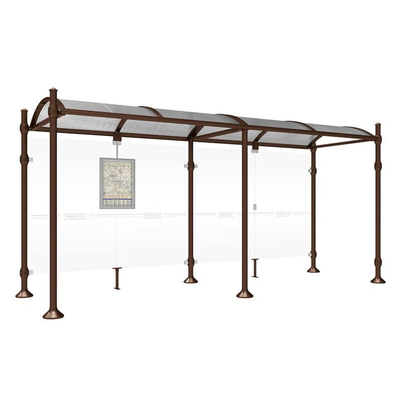 Buswartehalle, Unterstand, 2.500 x 2.500 x 1.600 mm (HxBxT), Kopfmodell Agora, ESG, Fahrplanschaukasten, Farbe enzianblau