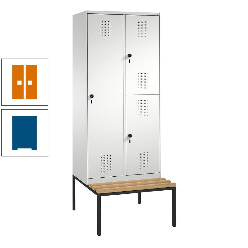 Garderobenschrank, Spind ein- und doppelstöckig Sitzbank, 2 Abteile, 3 Fächer, 2.090 x 800 x 500 mm (HxBxT), Front anthrazitgrau, Korpus anthrazitgrau
