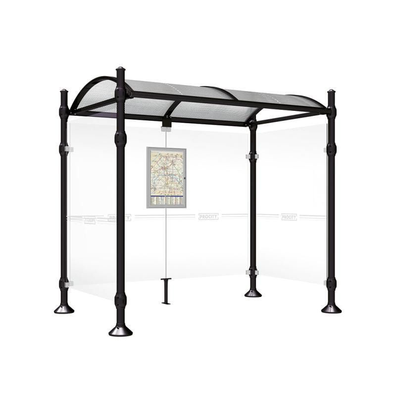 Buswartehalle, Unterstand, 2 Seitenwände, Kopf gebürsteter Edelstahl, ESG, Fahrplanschaukasten, 2.500 x 2.500 x 1.600 mm (HxBxT), Farbe enzianblau