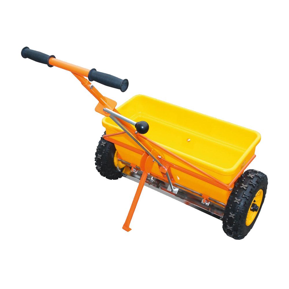 Kastenstreuer, Streuwagen, Salzstreuer, Düngewagen, Saatgut, 35 l Volumen, Edelstahl und Polyethylen, bis zu 600 mm Streubreite regelbar, luftbereift