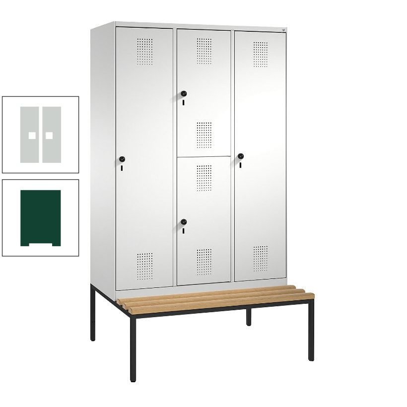 Garderobenschrank, Spind ein- und doppelstöckig Sitzbank, 3 Abteile, 4 Fächer, 2.090x1.200x500 mm (HxBxT), Front anthrazitgrau, Korpus anthrazitgrau