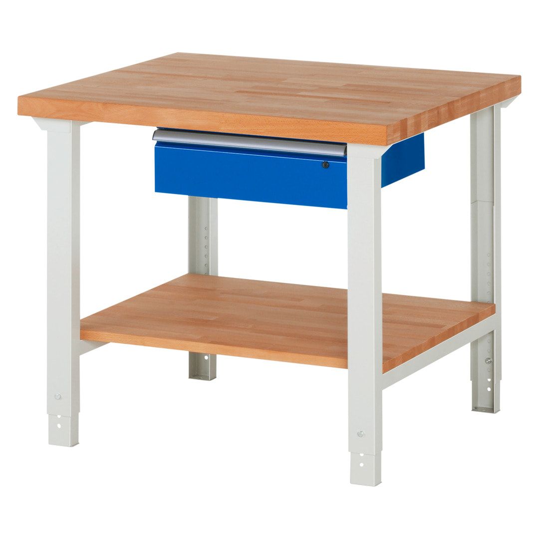 Werkbank mit Ablage - 1 Schublade - 150:1 - höhenverstellbar 790 - 1.140 mm - 1.000 x 900 mm (BxT) - 750 kg - Buche - Anthrazitgrau