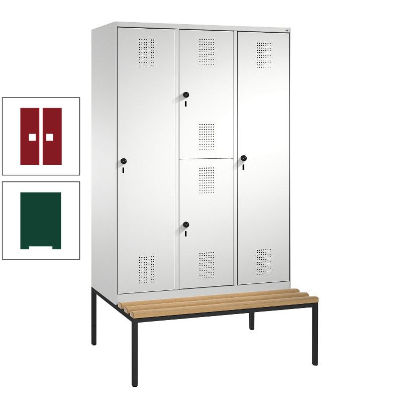 Garderobenschrank, Spind ein- und doppelstöckig Sitzbank, 3 Abteile, 4 Fächer, 2.090x1.200x500 mm (HxBxT), Front anthrazitgrau, Korpus anthrazitgrau