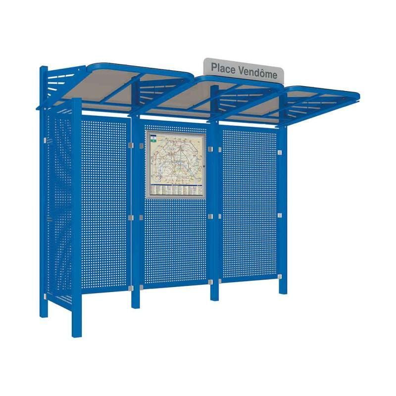 Buswartehalle - Unterstand - Stahlblech Verkleidung links - Fahrplankasten - Haltestellenschild - 2.200 x 3.000 x 1.500 mm (HxBxT) - enzianblau