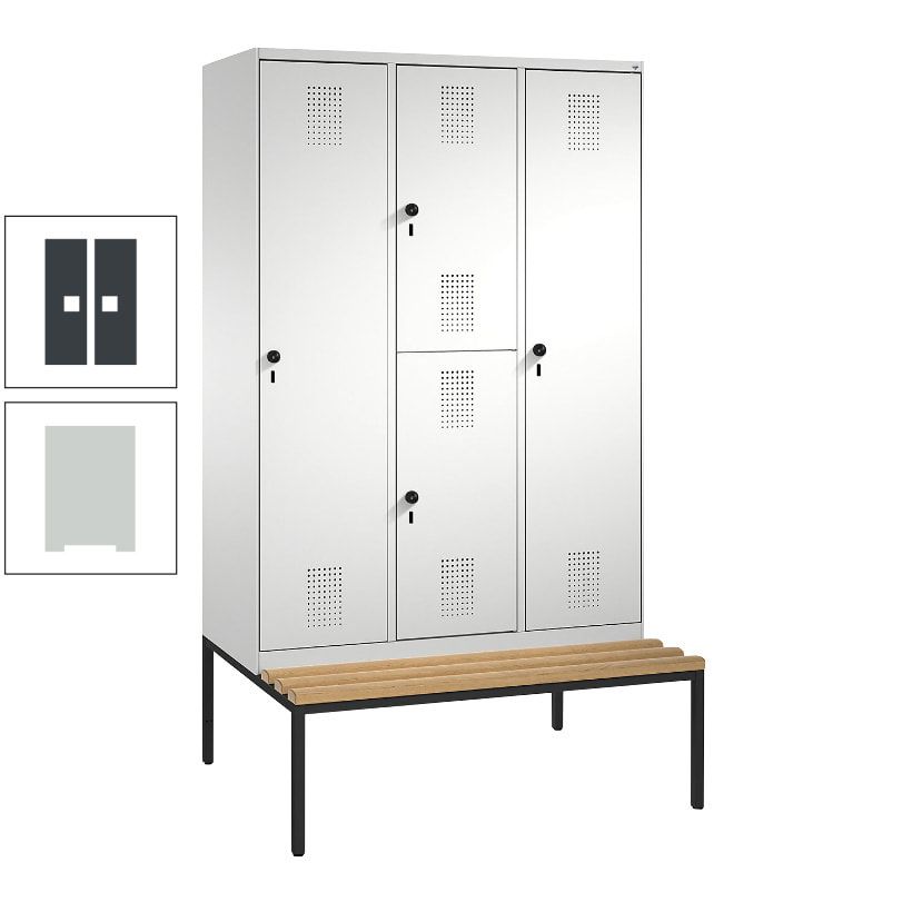 Garderobenschrank, Spind ein- und doppelstöckig Sitzbank, 3 Abteile, 4 Fächer, 2.090x1.200x500 mm (HxBxT), Front anthrazitgrau, Korpus anthrazitgrau