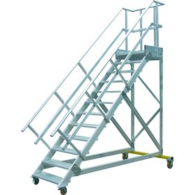 Fahrbare Podestleiter - Podesttreppe - 4/6/8/10/12/14/16 oder 18 Stufen a 600 mm Breite - Treppenneigung 45 Grad - Aluminium - Rollpodest - Hymer