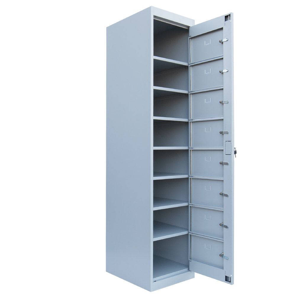 Verteilerschrank, Ausgabeschrank, Fächerschrank, Zentraltür, 1 Abteil, 8 Fächer, 1.800 x 400 x 500 mm (HxBxT), Korpus lichtgrau, Front enzianblau