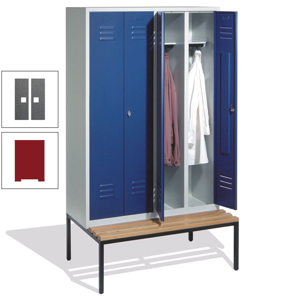 Doppel-Spindschrank, Buche Sitzbank untergebaut, 4 Abteile a 300 mm, Korpus lichtgrau, Tür anthrazitgrau, 2.090 x 1.190 x 815 mm (HxBxT)