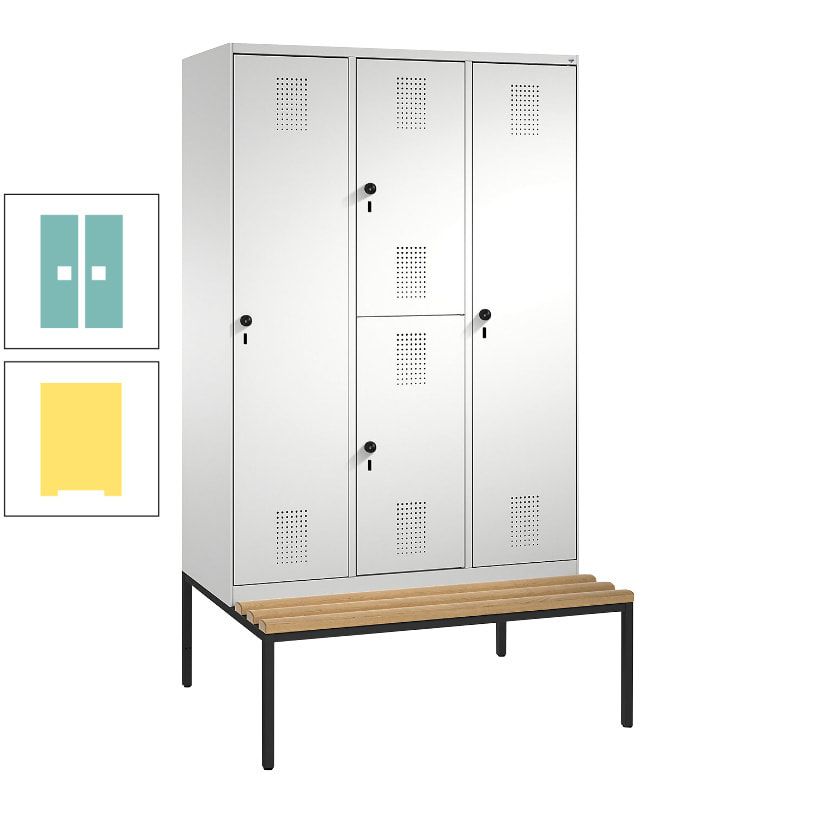 Garderobenschrank, Spind ein- und doppelstöckig Sitzbank, 3 Abteile, 4 Fächer, 2.090x1.200x500 mm (HxBxT), Front anthrazitgrau, Korpus anthrazitgrau