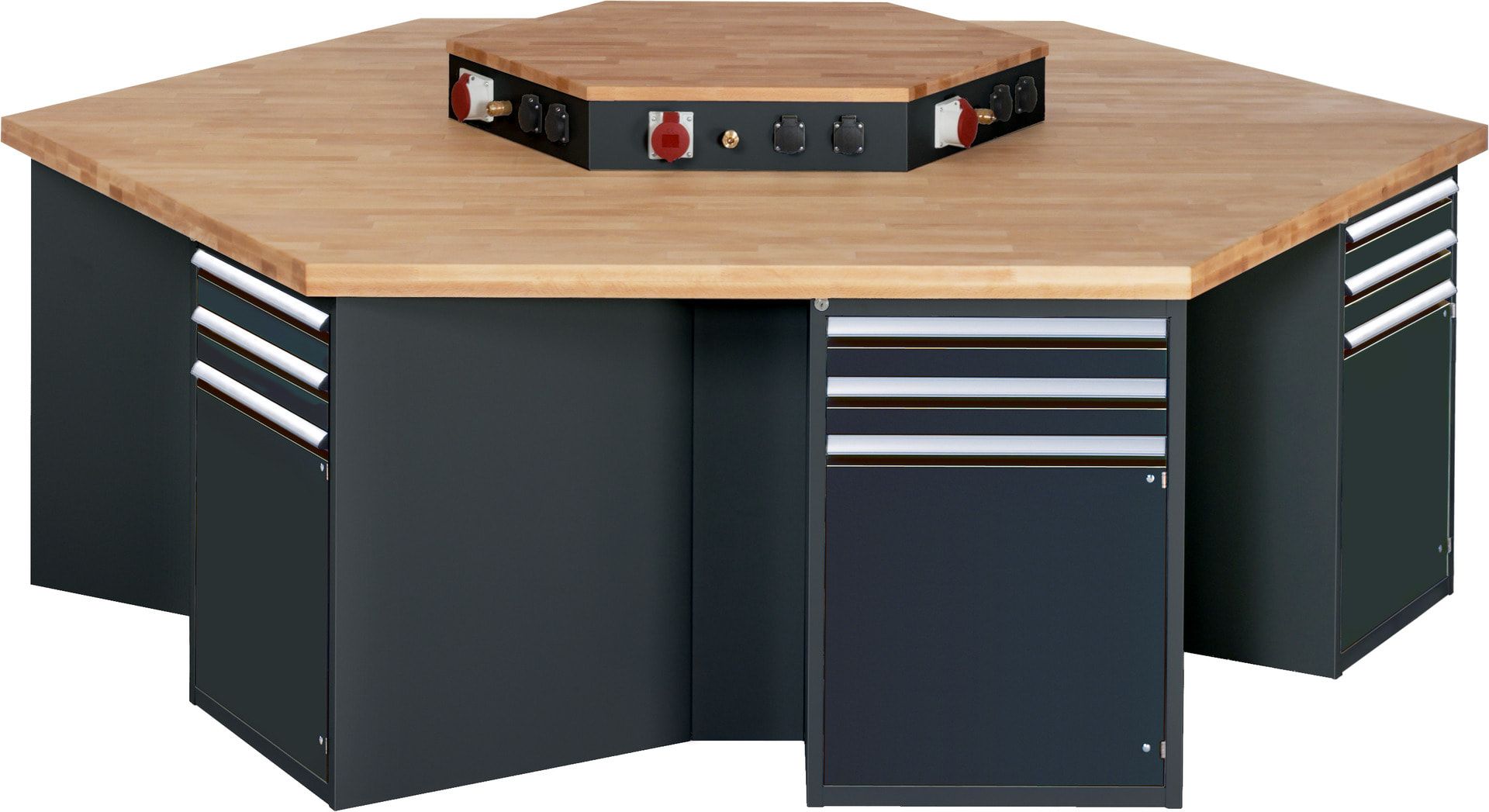 Gruppenwerkbank, Buche, Höhe 840 mm, mit Energieaufsatz, Unterbau-Container, 2 Schubladen, 1 Tür, 1 Boden - Anthrazitgrau
