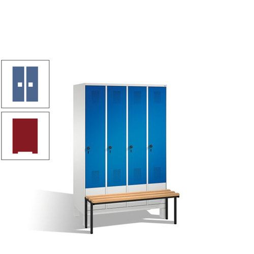 Stahl-Garderobenschrank, Spind, Buche Sitzbank vorgebaut, 4 Abteile a 300 mm, Korpus Lichtgrün, Tür Schwefelgelb, 1.850 x 1.200 x 815 mm (HxBxT)
