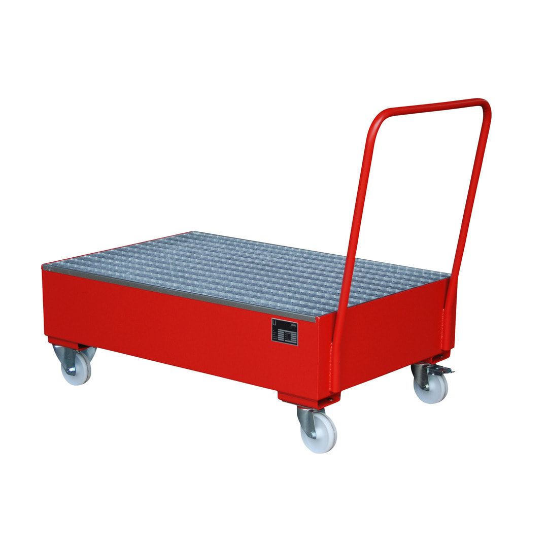 Auffangwanne - fahrbar - für 2 Fässer - 215 l Volumen - Gitterrost - feuerrot