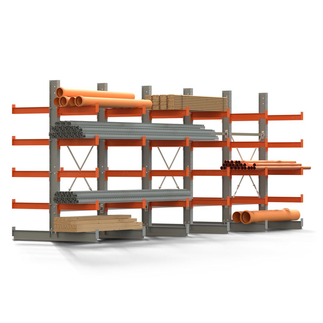 Doppelseitiges Kragarmregal, 2 Felder, 2.000 x 2.000 x 1.120 mm (HxBxT), Nutztiefe 500 mm, Kragarmlast 870 kg, KARL basic, silbergrau/reinorange