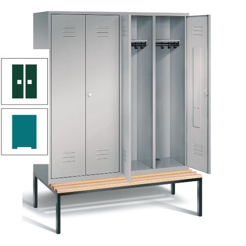 Doppel-Spindschrank, Buche Sitzbank untergebaut, 4 Abteile a 400 mm, Korpus lichtgrau, Tür anthrazitgrau, 2.090 x 1.590 x 815 mm (HxBxT)