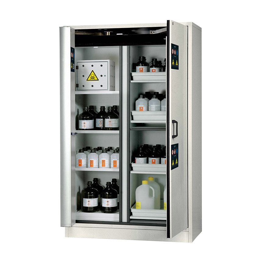 Sicherheitsschrank Typ 30 - Trennwand - Gefahrstoffcenter - Türfeststeller - ca. 2 x 1,2 x 0,6 m - 2 Fachböden - 4 Wannenböden - Edelstahl