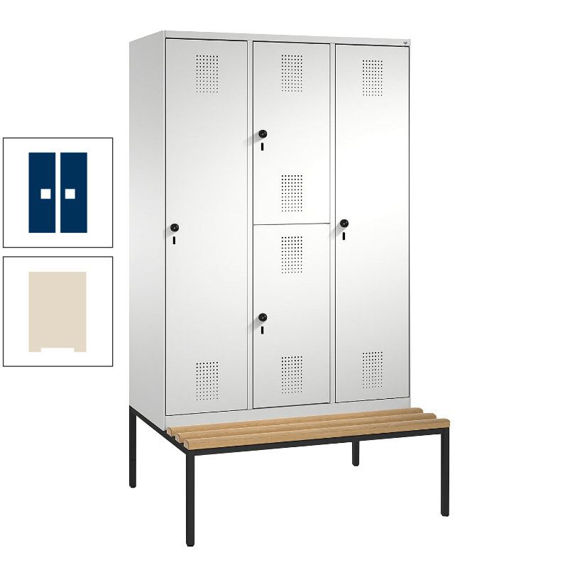 Garderobenschrank, Spind ein- und doppelstöckig Sitzbank, 3 Abteile, 4 Fächer, 2.090x1.200x500 mm (HxBxT), Front anthrazitgrau, Korpus anthrazitgrau