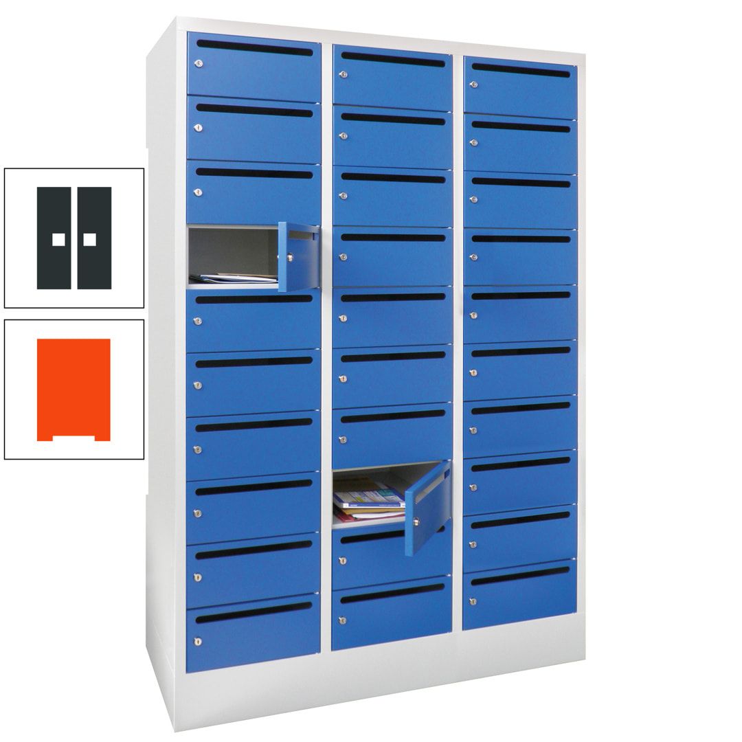 Postverteilerschrank, Schließfachschrank, 3 Abteile a 300 mm, 30 Fächer, 1.850 x 900 x 500 mm (HxBxT), Korpus anthrazitgrau, Front anthrazitgrau