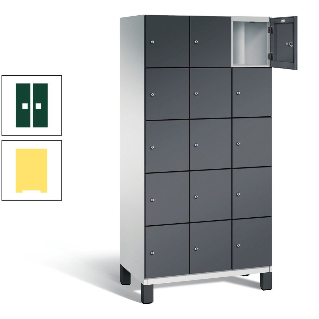 Fächerschrank, Stahlschrank, 15 Fächer, Türöffnungsbegrenzer, Füße, 1.980 x 900 x 525 mm (HxBxT), Korpus anthrazitgrau, Front anthrazitgrau