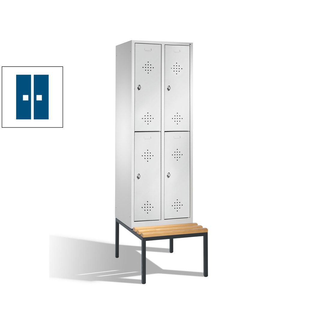 Garderobenschrank, Spind, 2 Abteile, 4 Fächer, 2.090 x 610 x 815 mm (HxBxT), Hartholz Sitzbank untergebaut, Korpus weißaluminium, Türen anthrazitgrau