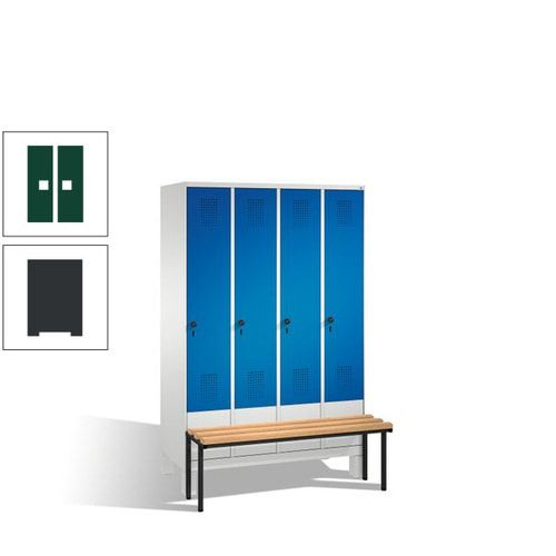 Stahl-Garderobenschrank, Spind, Buche Sitzbank vorgebaut, 4 Abteile a 300 mm, Korpus Lichtgrün, Tür Schwefelgelb, 1.850 x 1.200 x 815 mm (HxBxT)