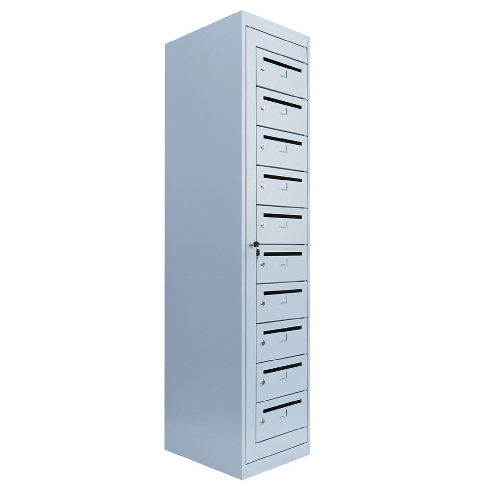Postverteilerschrank, Ausgabeschrank, Fächerschrank, Zentraltür, 1 Abteil, 10 Fächer, 1.800 x 400 x 500 mm (HxBxT), Korpus lichtgrau, Front enzianblau