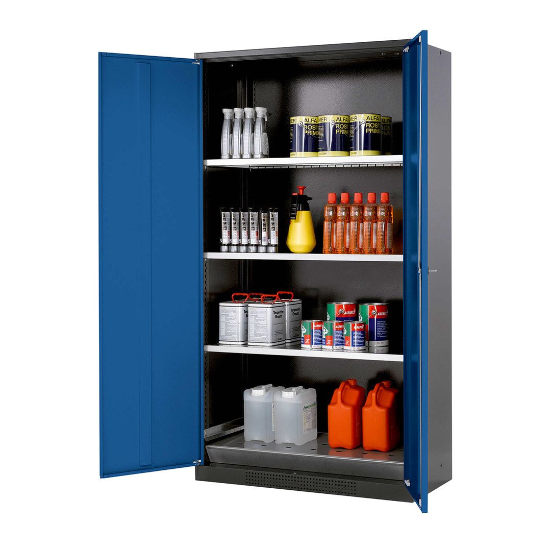 Chemikalienschrank - Falttüren, enzianblau - 3 Fachböden - 1.950 x 1.055 x 520 mm (HxBxT) - Stahl, pulverbeschichtet