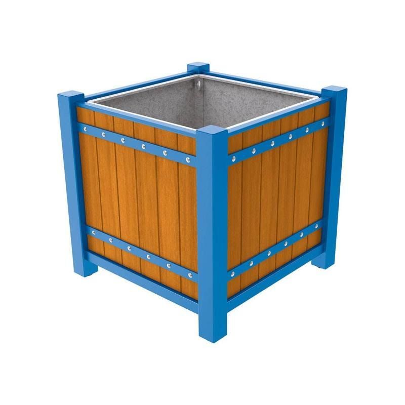 Pflanzbehälter, Pflanzgefäß, verzinkt, Eichenholzverkleidung, innen feuerverzinkt mit Verladungsgriffen, 960 x 1.060 x 1.060 mm (HxBxT), enzianblau