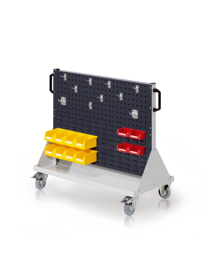 Mobiler Rollwagen, 2 Loch- und 2 Schlitzplatten, 10 Halter, 12 Sichtlagerkästen, 890 x 1.000 x 500 mm (HxBxT), Anthrazitgrau (RAL 7016)