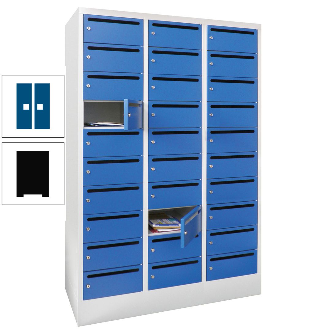 Postverteilerschrank, Schließfachschrank, 3 Abteile a 300 mm, 30 Fächer, 1.850 x 900 x 500 mm (HxBxT), Korpus anthrazitgrau, Front anthrazitgrau