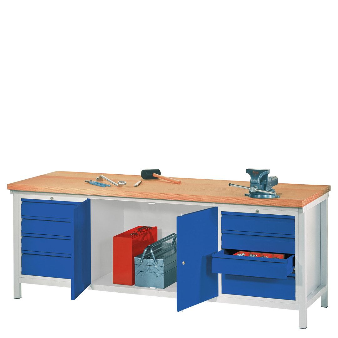 Werkbank mit Schubladenblöcken und Schrank - Traglast 1.400 kg - 900 x 2.000 x 700 (HxBxT) - anthrazitgrau
