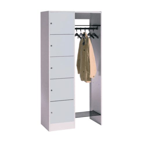 Garderobenanlage, Offene Garderobe mit Spindschrank, 5 Fächer, links, Korpusfarbe lichtgrau, Türfarbe enzianblau, 1.950 x 960 x 480 mm (HxBxT)