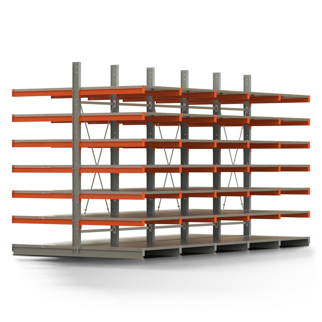 Doppelseitiges Kragarmregal mit Fachböden, 2 Felder, 3.000 x 2.000 (HxB), Nutztiefe 1.000 mm, Kragarmlast 450 kg, KARL basic, silbergrau/reinorange